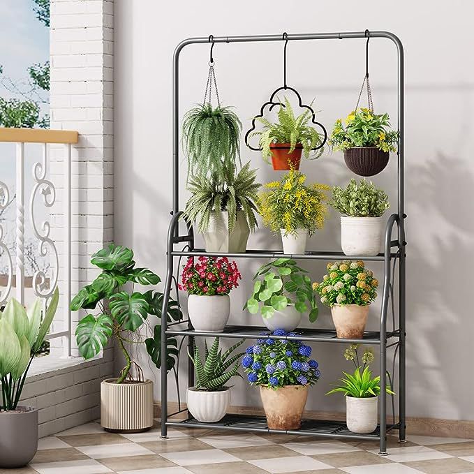 BotaniRack Tiered Iron Plant Stand with Hanger Frame