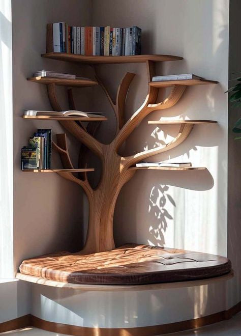 Minimal Tree Wall Bookshelf with Cushioned Seating