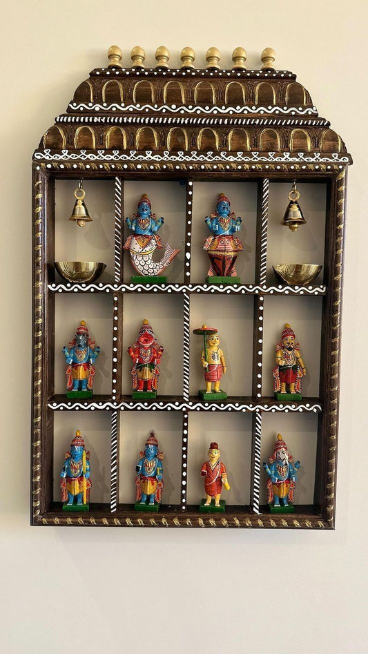 Handcrafted Wooden Miniature Temple Shelf with Dolls