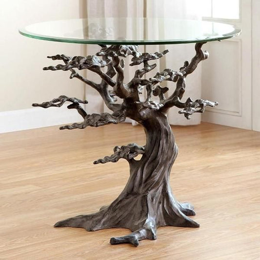 Sculpted Tree Base Glass Top Accent Table