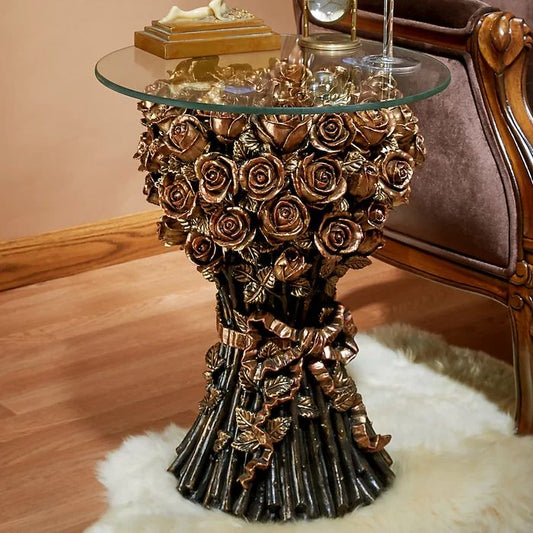 Rose Bouquet Accent Side Table with Glass Top